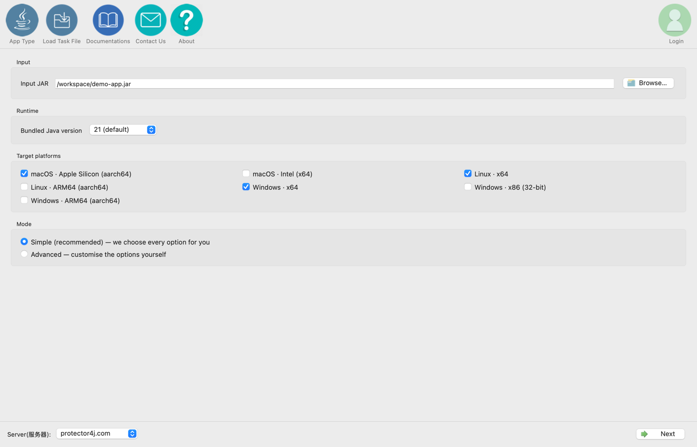 Select input, Java version, target platform, and mode